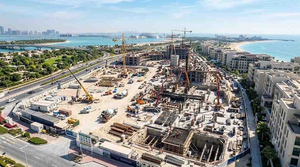 Construction progress at Marsa Al Saadiyat on Saadiyat Island, showing cranes, new residential buildings, nearby beaches, and Abu Dhabi's waterfront as the Dh100 billion development takes shape.