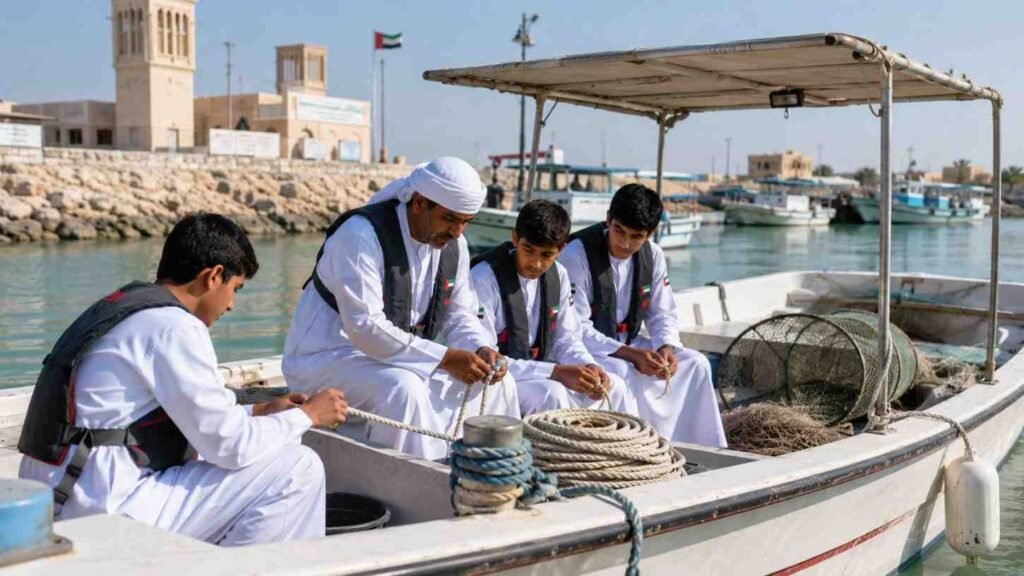 Emirati youth learn rope handling and boat preparation from an experienced fisherman during the Sharjah Fishing Training Programme at Al Hamriyah harbour.
