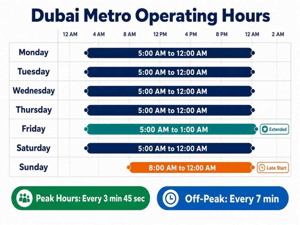 Dubai Metro operating hours from Monday to Sunday, including Friday extended service until 1 AM and train frequency during peak and off peak hours.