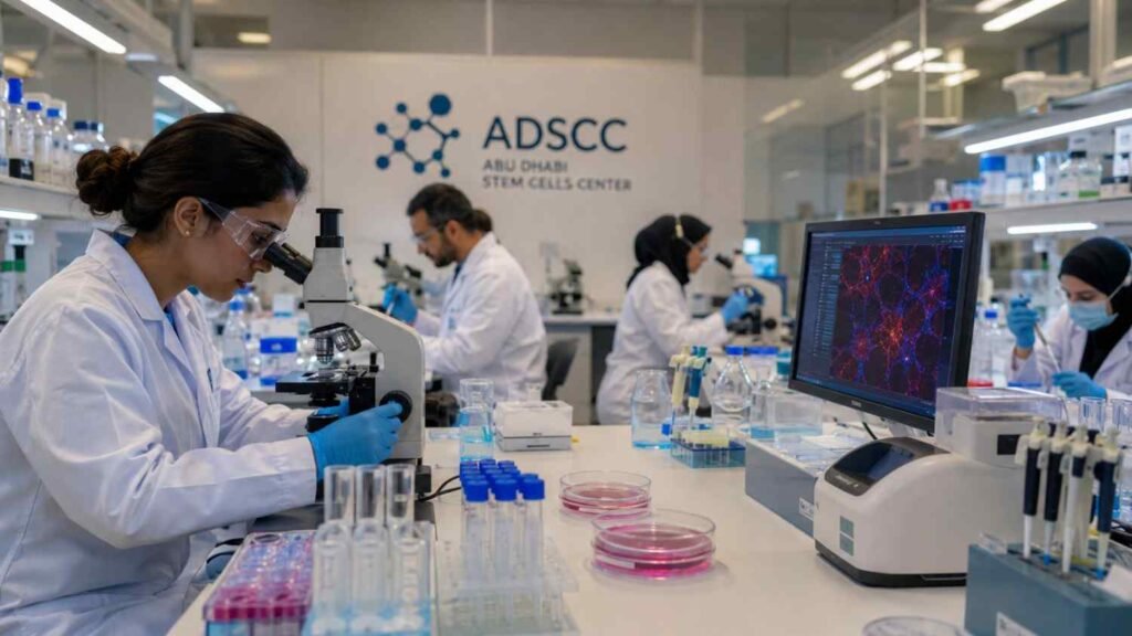 Scientists at the Abu Dhabi Stem Cells Center (ADSCC) work in a modern research laboratory using microscopes, stem cell samples, and advanced imaging equipment to study neurological diseases, with brain cell analysis displayed on a computer monitor.