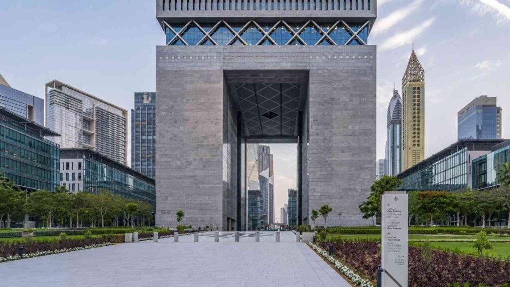 Modern city plaza with monumental archway DIFC Dubai