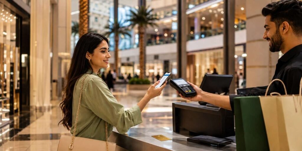 Modern contactless mobile payment at a Dubai shopping mall checkout.