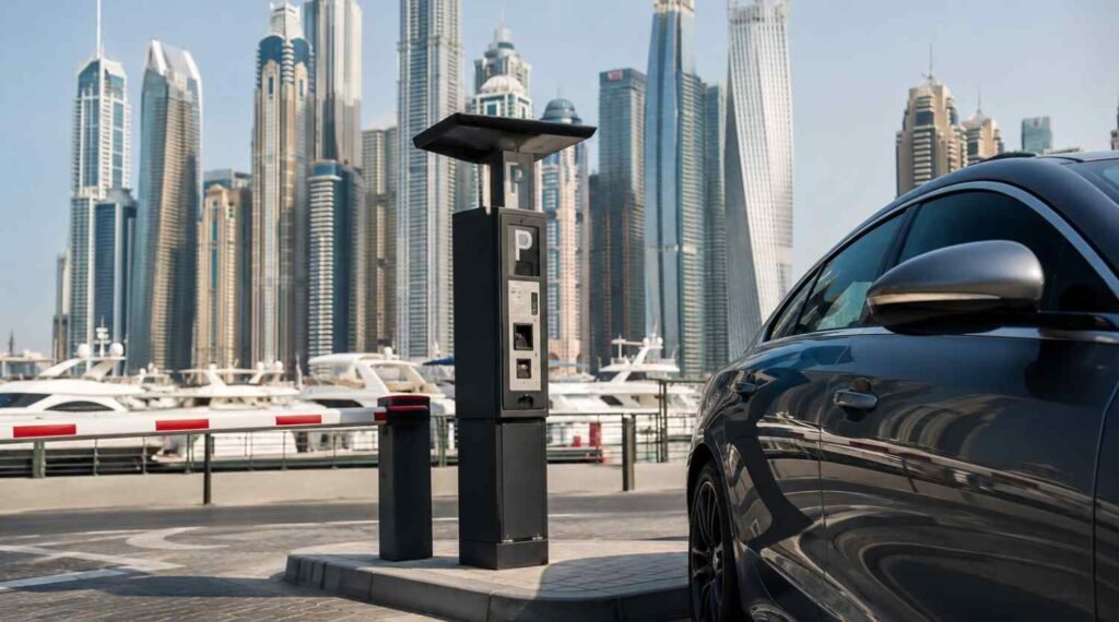Modern marina entrance with sleek car