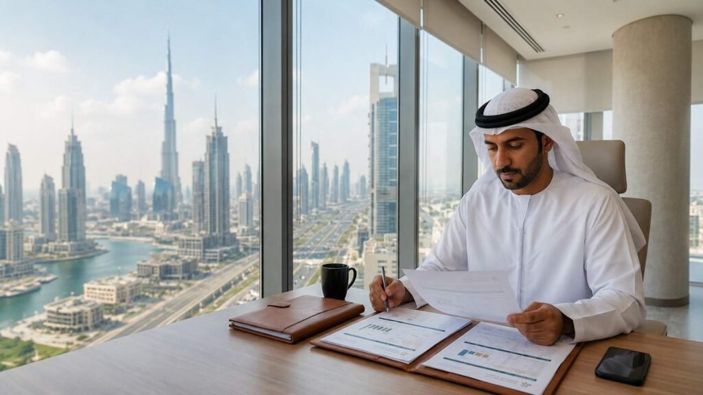 Arab man working on documents in an office