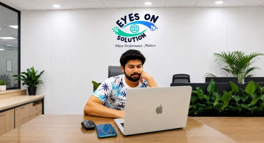 SEO professional working on a MacBook in a modern office workspace.