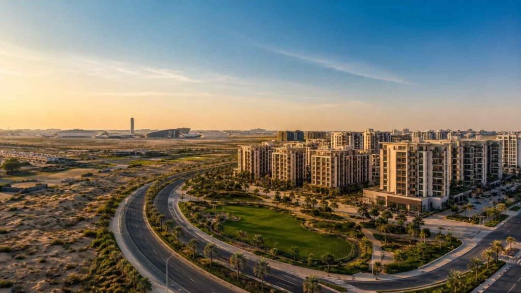 Modern residential complex at golden hour