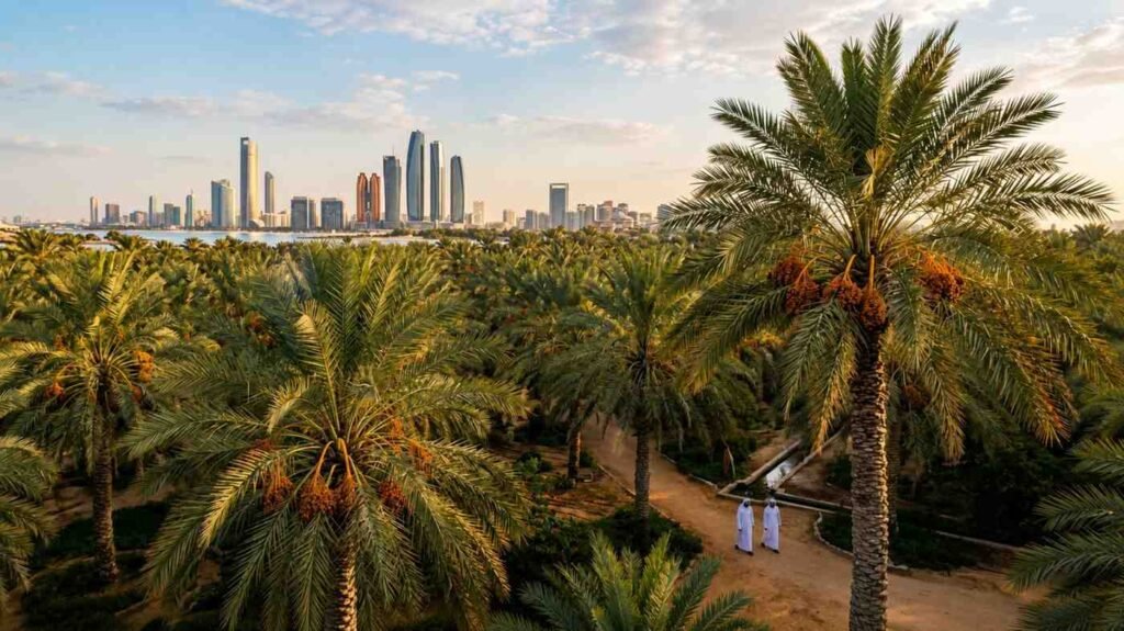 Date palm grove in Abu Dhabi with the city skyline in the background, showcasing the connection between the UAE's agricultural heritage and modern urban development.