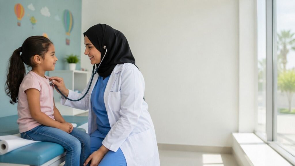 lady doctore checking a child in friendly clinic
