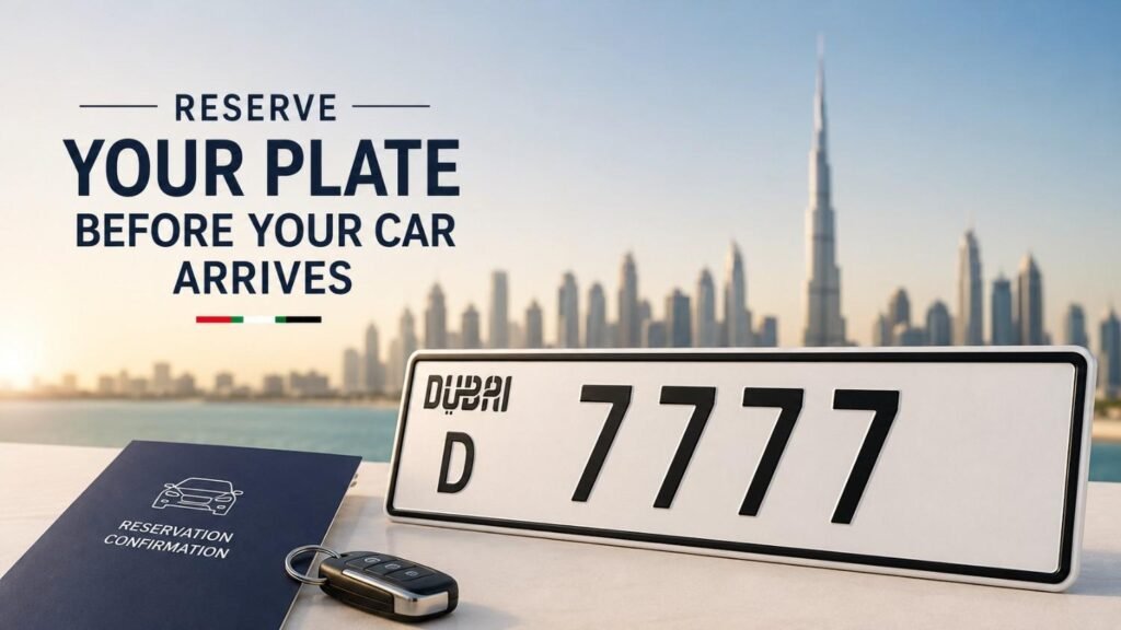 Dubai vehicle plate number reservation concept showing a Dubai licence plate, car key, reservation confirmation document, Burj Khalifa skyline, and the text "Reserve Your Plate Before Your Car Arrives."