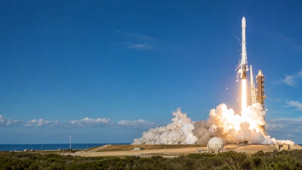 Photorealistic rocket launching into a clear blue sky from a coastal spaceport, with large clouds of exhaust and ample open sky representing the growth of the UAE commercial space sector.