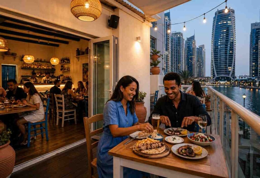 Couple enjoying Greek seafood and Mediterranean dishes at a waterfront restaurant in Dubai Marina, with modern skyscrapers and marina views at dusk.