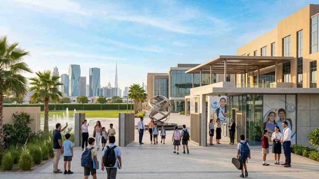 Parents and students arriving at a modern international school in Dubai with the city skyline in the background during the 2026 admissions season.