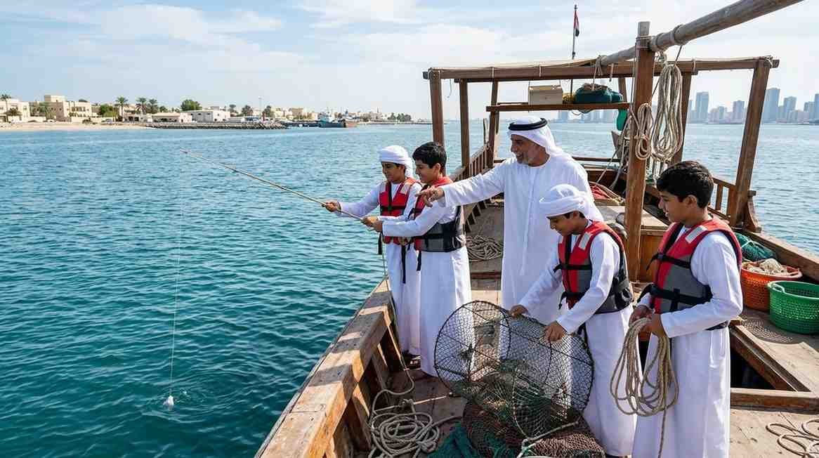 Young Emirati participants practise traditional line fishing and gargoor trap techniques with an instructor during the Al Nokhadha Fishermen Preparation Programme in Sharjah.