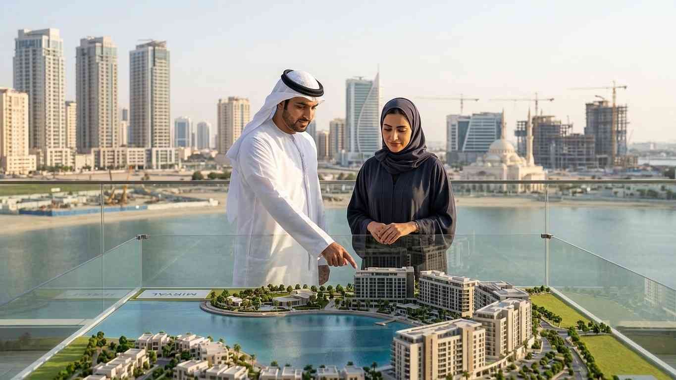 Emirati man and woman reviewing a waterfront residential development model with the Sharjah skyline and high rise buildings in the background, representing the Sharjah property market and local real estate investment.