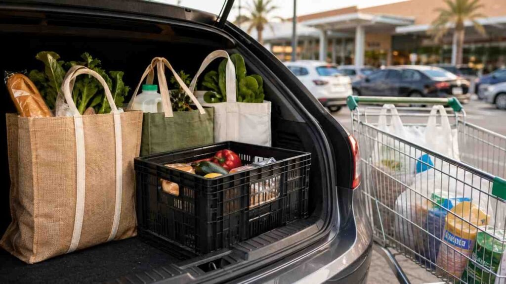 Reusable grocery bags and a foldable storage crate packed in a car boot outside a UAE supermarket, showing practical shopping after the UAE plastic bag ban.