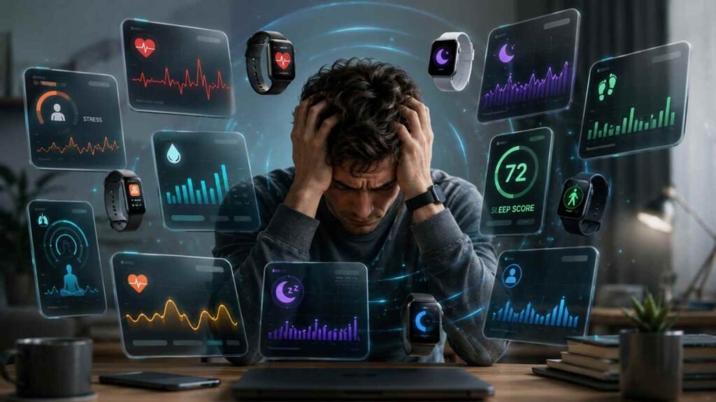 A stressed smartwatch user sits at a desk while multiple floating health dashboards display heart rate, sleep scores, stress levels, hydration data, and activity metrics, illustrating the anxiety and information overload associated with smartwatch dependency and wearable technology addiction.