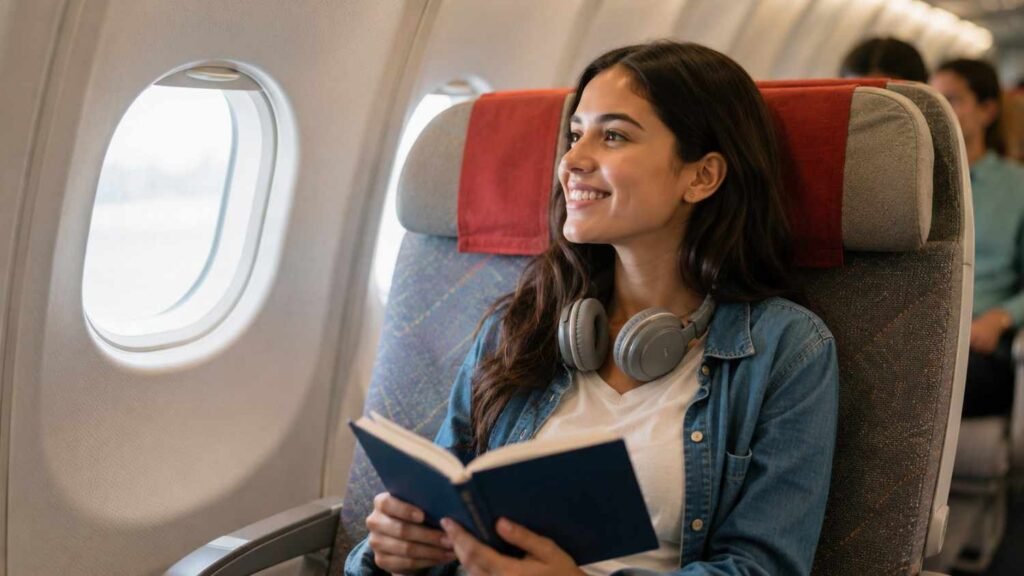Female student sitting on an Emirates flight, reading a book and wearing headphones while enjoying the journey.