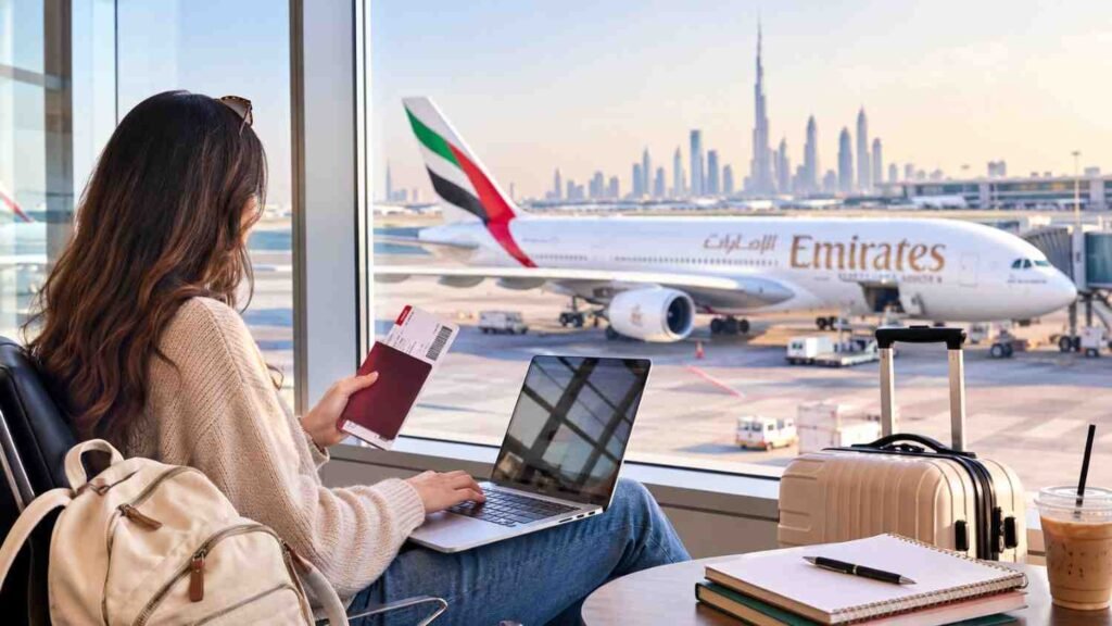 Student working on a laptop at Dubai International Airport with an Emirates aircraft visible outside the terminal window.