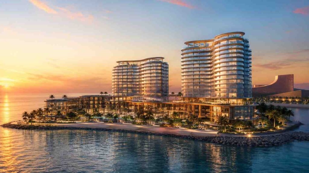 Artist's rendering of Janu Al Marjan Island in Ras Al Khaimah, featuring luxury branded residences, a wellness resort, beachfront towers, landscaped gardens, and panoramic Arabian Gulf views at sunset.