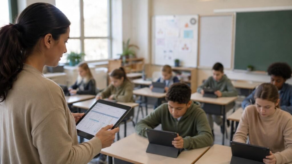 Teacher guiding students with technology