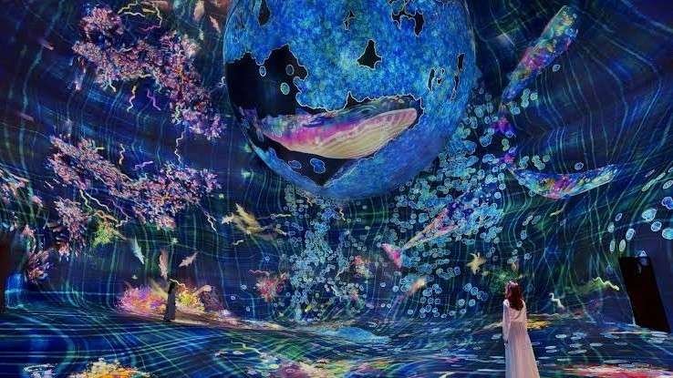 Visitor exploring TeamLab Phenomena Abu Dhabi's wet zone, featuring floating digital whales, marine life projections, glowing lights, and interactive water based artwork.