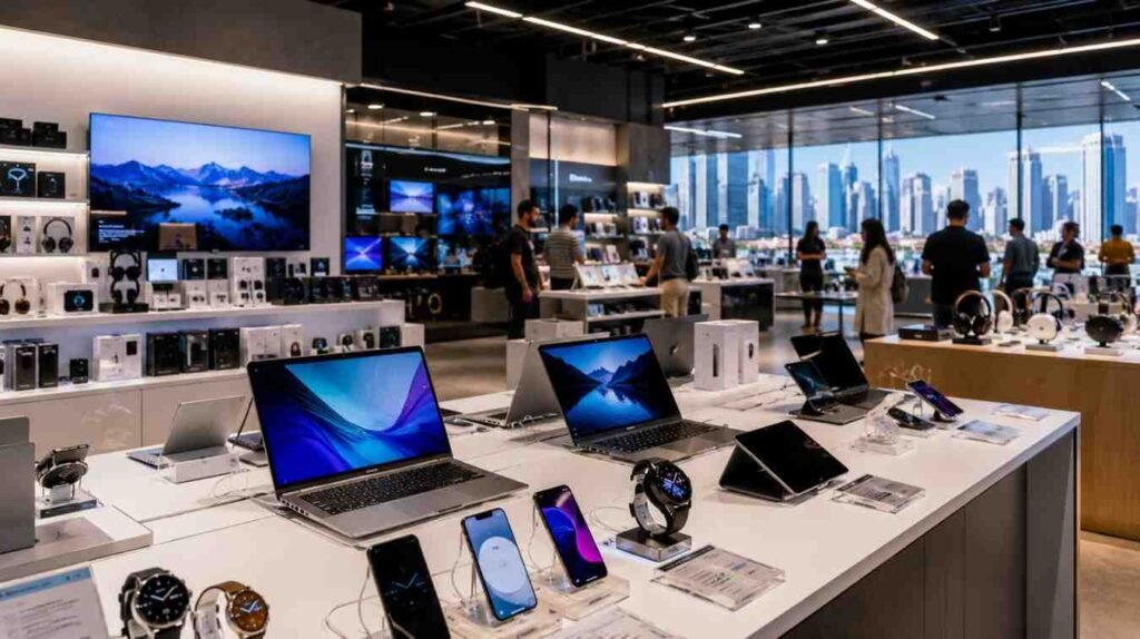 Modern consumer electronics showroom in Dubai displaying laptops, smartphones, smartwatches, headphones, and accessories with shoppers browsing the latest tech products.