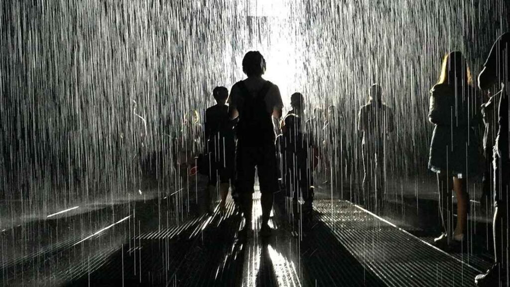 Visitors walking through the Rain Room art installation in Sharjah while remaining dry beneath motion controlled rainfall.