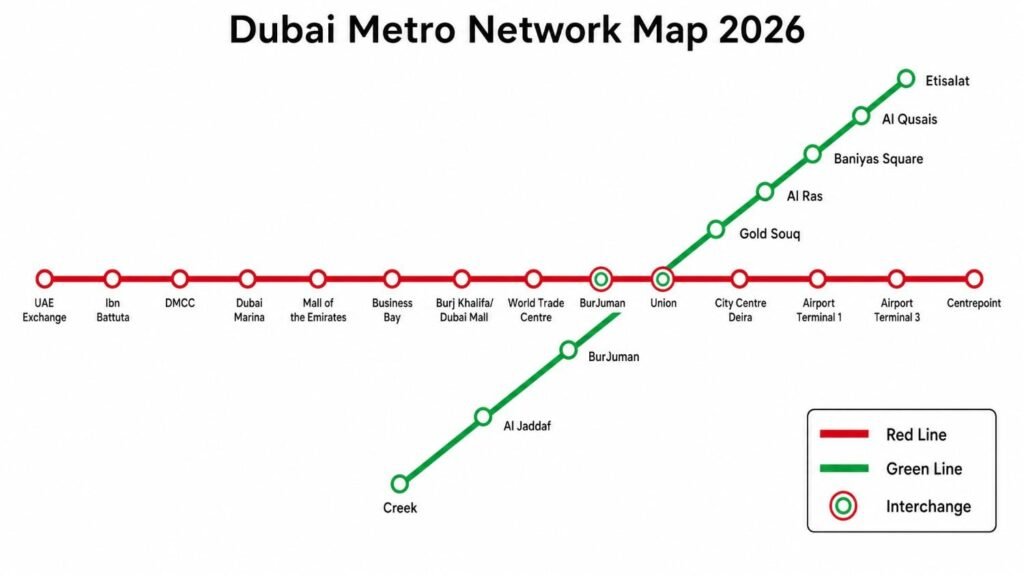 Dubai Metro network map for 2026 showing the Red Line, Green Line, interchange stations at Union and BurJuman, and major stations including Centrepoint, Airport, Burj Khalifa, Dubai Marina, and Creek.