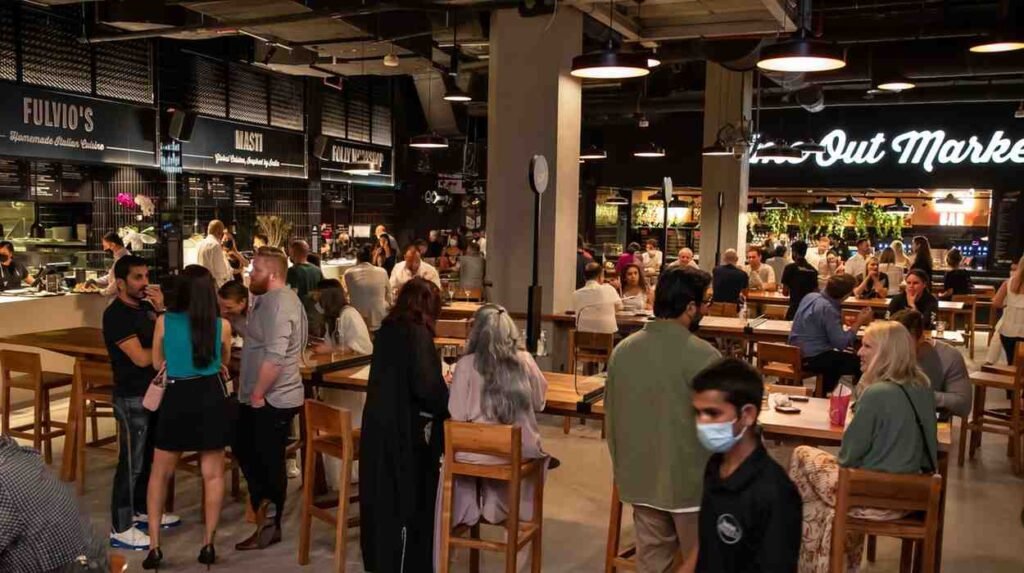 Interior dining area at Time Out Market Dubai in Souk Al Bahar, with communal seating, restaurant counters, and visitors enjoying food in a lively food hall atmosphere.