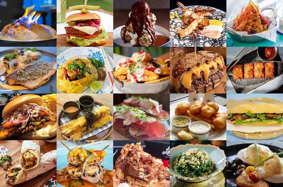 Assorted dishes at Time Out Market Dubai featuring burgers, pizza, seafood, sushi, desserts, and international street food from multiple restaurants under one roof.