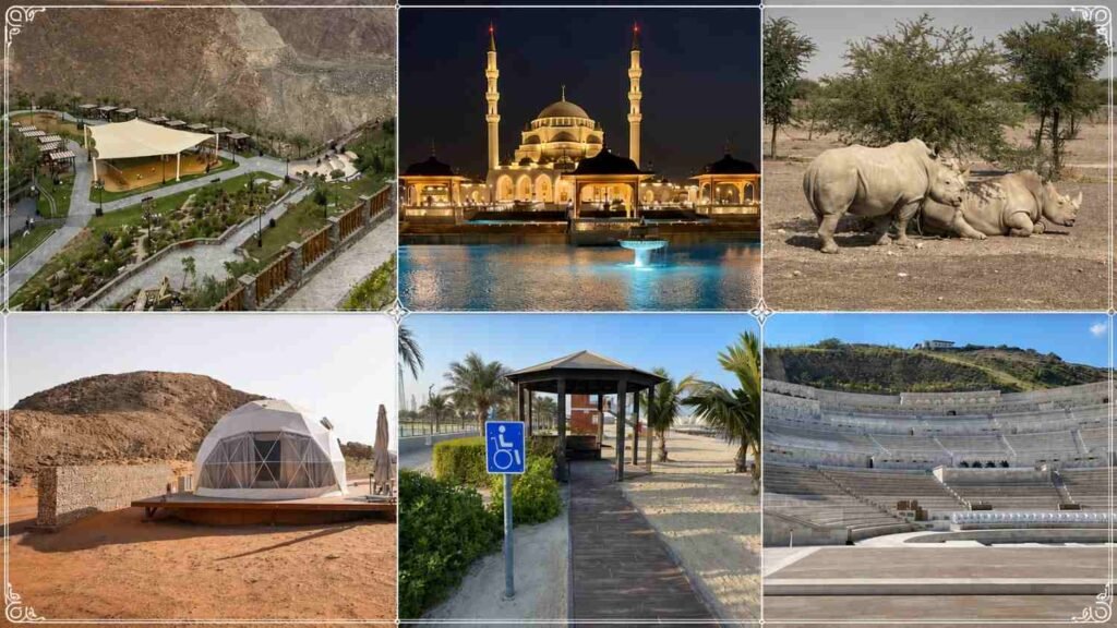 Collage showcasing the best tourist places in Sharjah, including Mleiha, Al Noor Mosque, Sharjah Safari, Al Majaz Waterfront, Al Suhub Rest House, and Khorfakkan attractions.