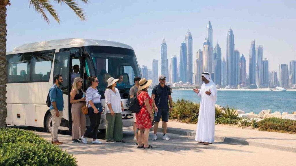 A realistic photograph of a Dubai city tour beside Jumeirah Beach, showing a white air conditioned tour bus parked along a waterfront promenade. A diverse group of tourists wearing hats, sunglasses, and casual clothing stand with cameras and water bottles while a local guide explains nearby attractions. Palm trees frame the scene, and Dubai's modern skyline rises across the water under a clear blue sky.