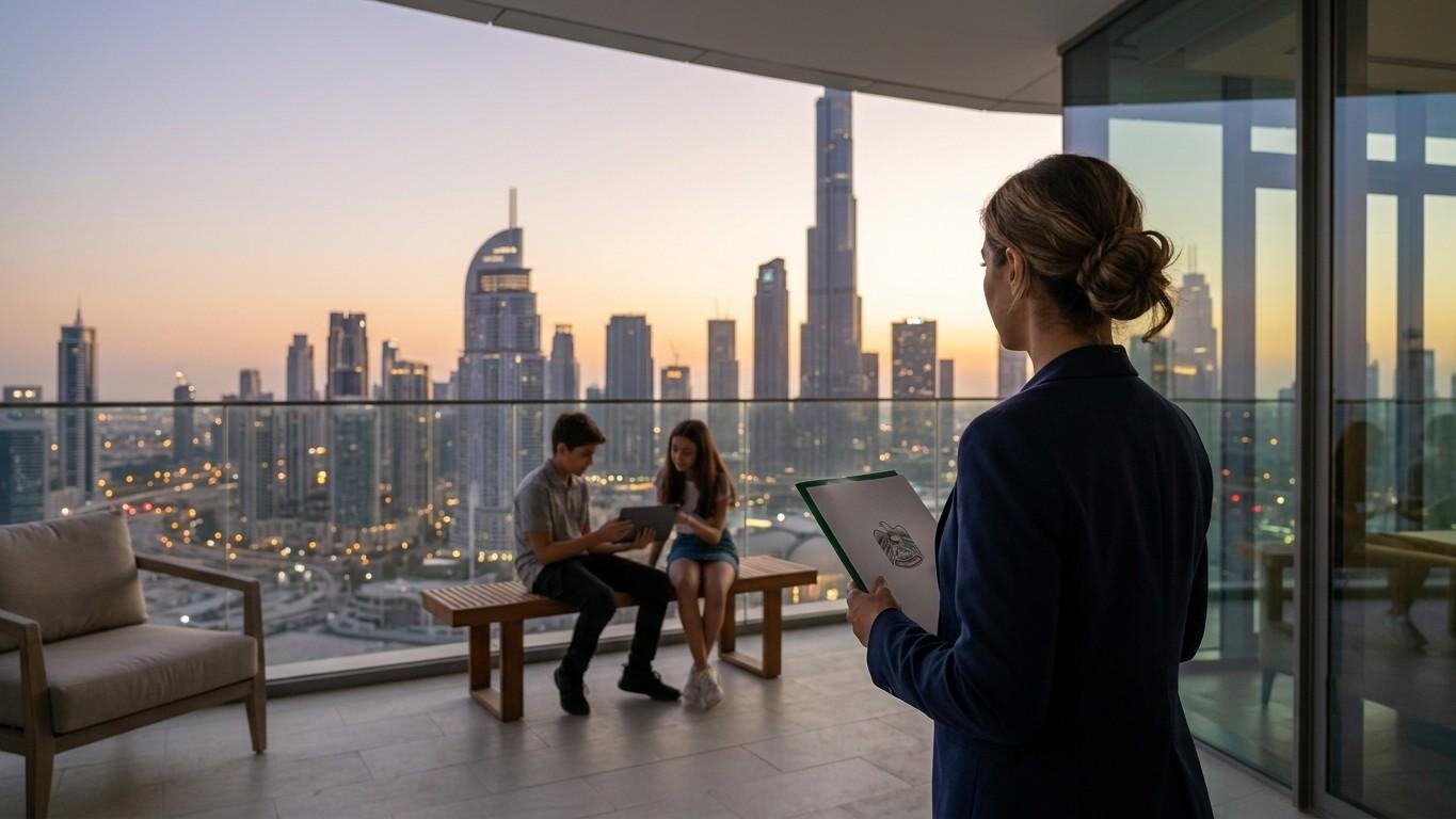 Business professional overlooking two children using digital devices on a Dubai balcony at sunset, illustrating UAE child digital safety regulations and online protection for minors.