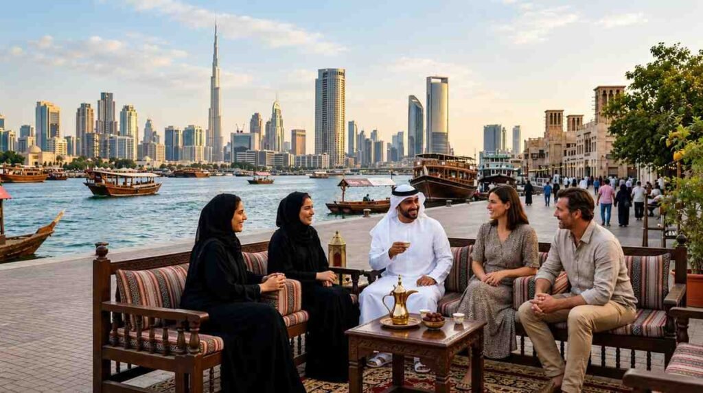 Emirati and international residents enjoying Arabic coffee and conversation beside Dubai Creek, with traditional wooden boats, historic buildings, and the modern Dubai skyline in the background.