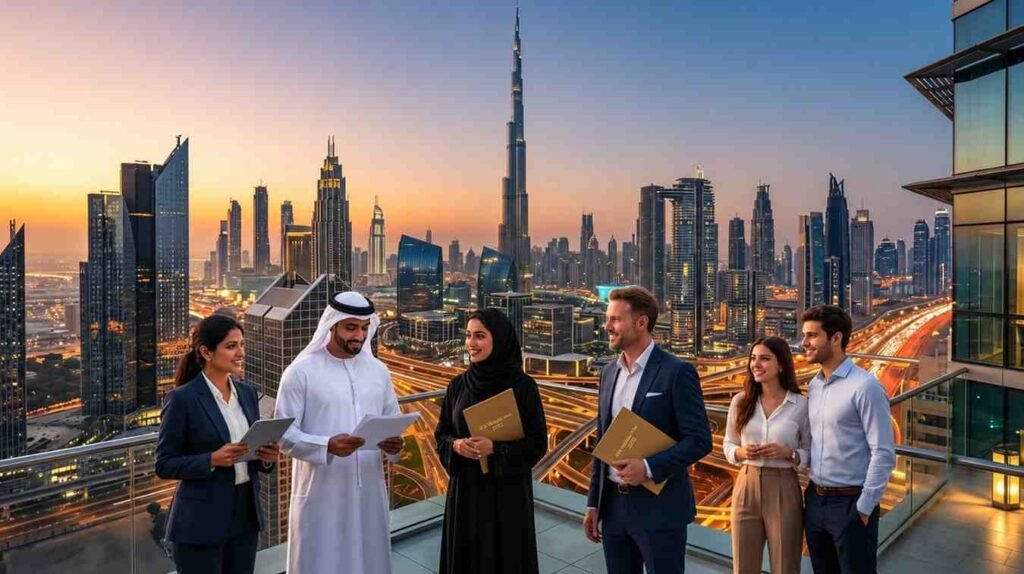 Professionals and investors stand on a rooftop terrace overlooking Dubai's skyline,