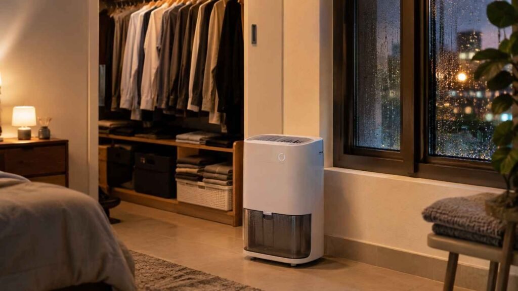 Portable dehumidifier beside a bedroom wardrobe in a UAE home, reducing overnight humidity and preventing dampness as condensation forms on the window.