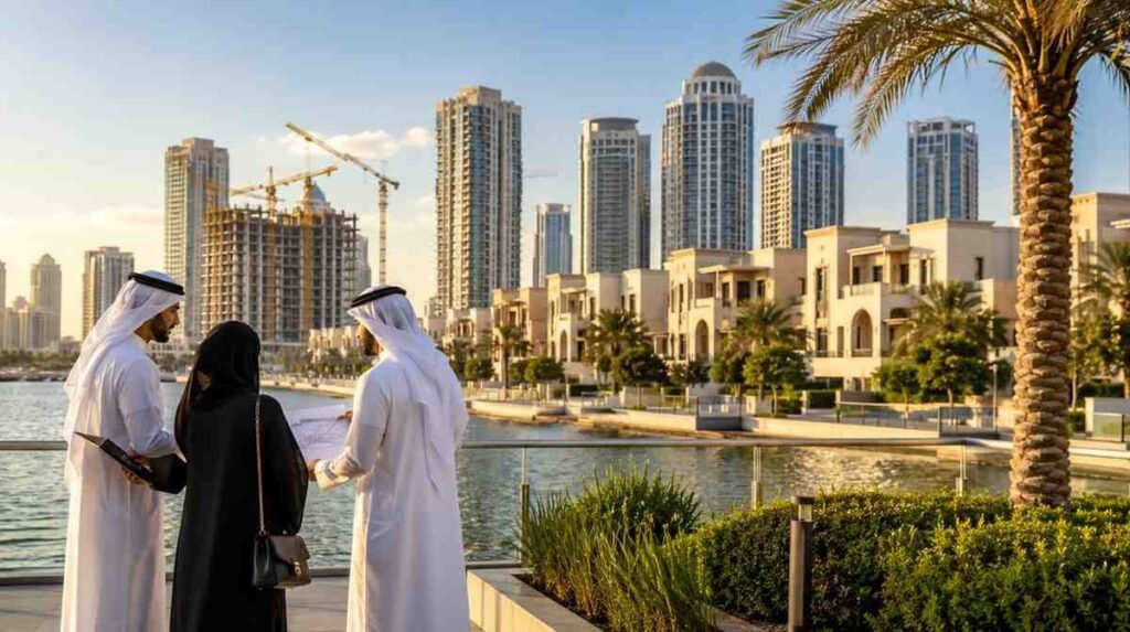 Emirati investors discussing plans beside a waterfront residential community with modern villas, apartment towers, and ongoing construction in Sharjah during golden hour.