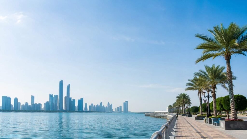 Waterfront promenade and city skyline