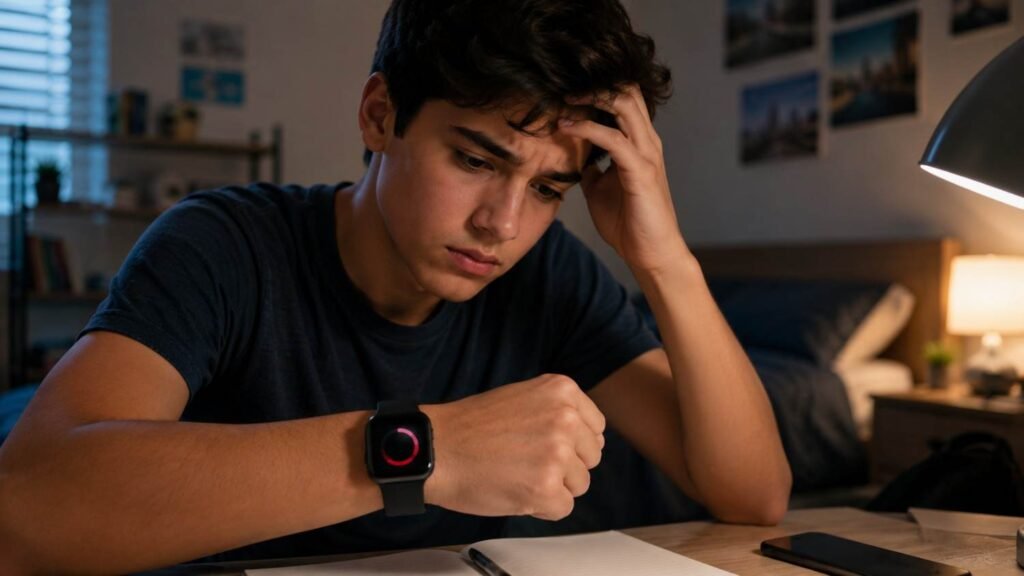 A worried young person wearing a smartwatch sits at a desk late at night, staring anxiously at a health alert on the device's screen, highlighting the emotional impact of health tracker anxiety and excessive reliance on wearable technology.