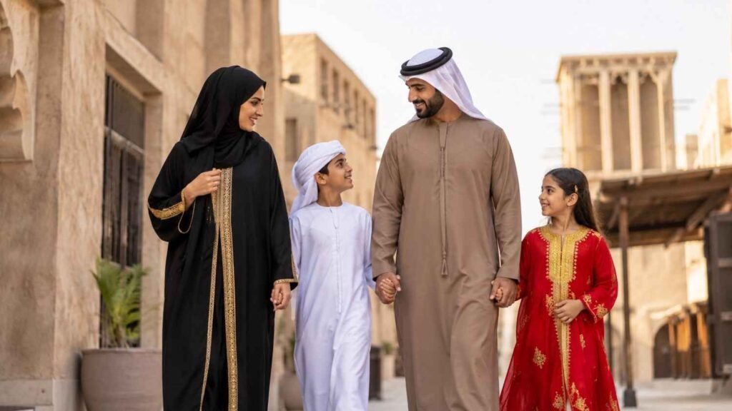 Emirati family wearing traditional UAE clothing, including an embroidered black abaya, kanduras, and a red embroidered dress, walking together through a historic neighborhood with traditional wind tower architecture.