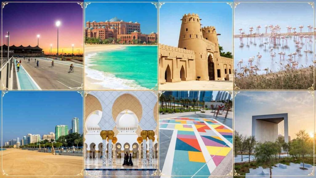 Collage showcasing free things to do in Abu Dhabi, including Yas Marina Circuit, Corniche Beach, Al Jahili Fort, flamingos, Sheikh Zayed Grand Mosque, public parks, and the Founder's Memorial.