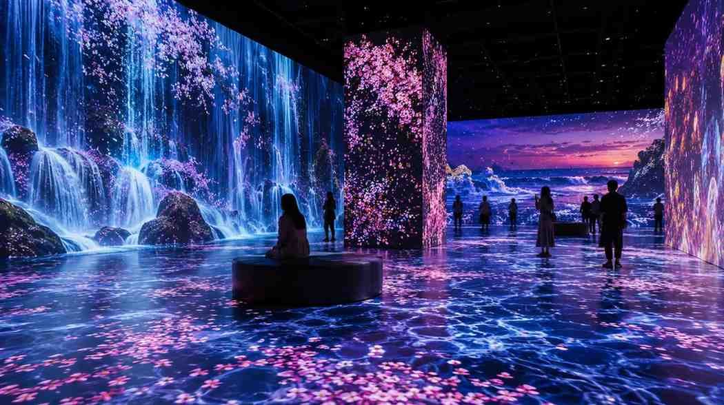 Visitors walking through ARTE Museum Dubai's immersive digital art gallery, surrounded by animated waterfalls, cherry blossoms, and colourful floor to ceiling projections.
