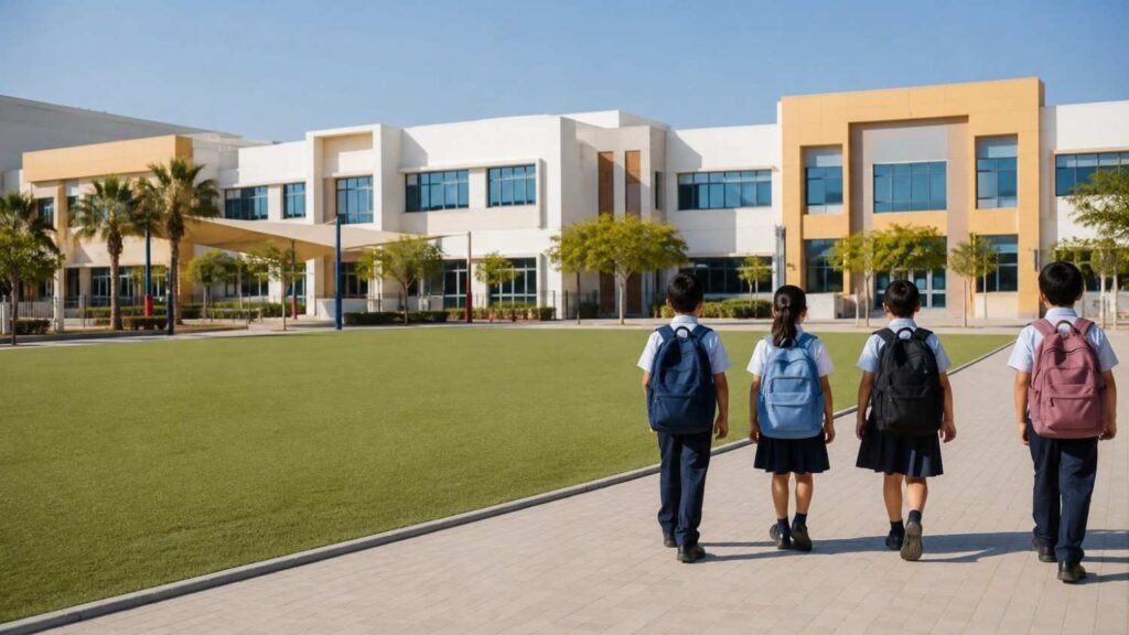 Children wearing school uniforms walk toward a modern international school campus in Dubai, representing new schools opening in Dubai and Sharjah for the 2026 to 27 academic year.