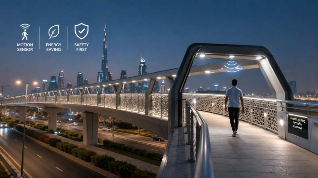 Pedestrian walking across a modern Dubai bridge at night illuminated by motion sensor LED lights, with the Burj Khalifa skyline in the background, highlighting smart lighting technology, energy efficiency, and pedestrian safety.