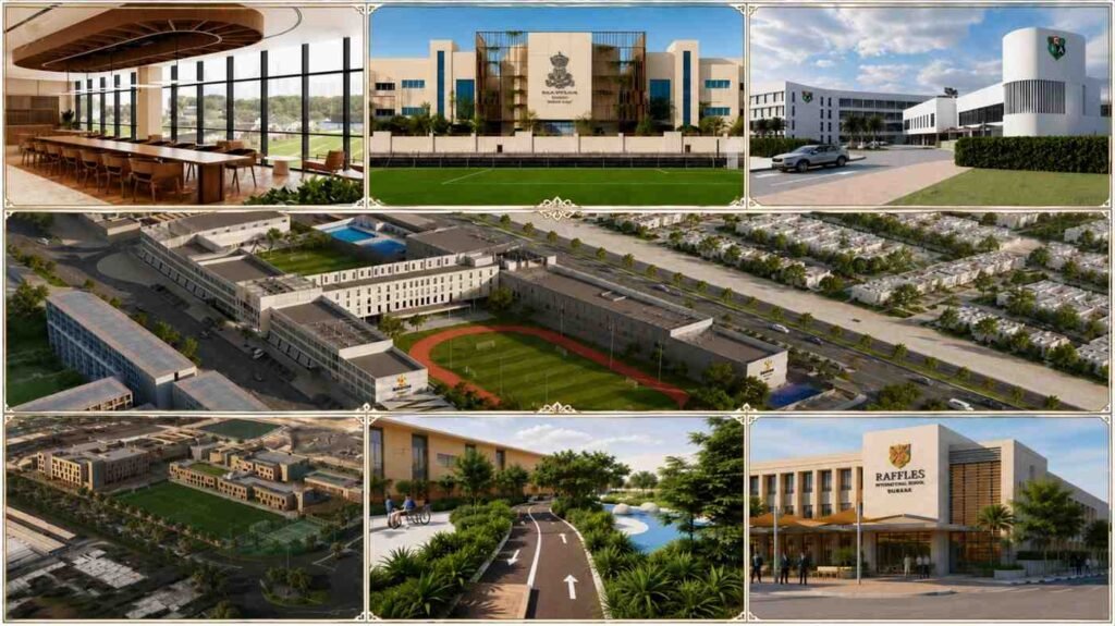 Collage showcasing newly opened international schools in Dubai and Sharjah, featuring modern campuses, classrooms, sports facilities, and academic buildings for the 2026 to 27 school year.