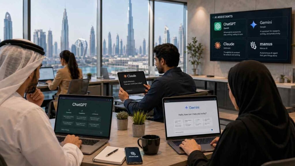 Modern Dubai office workspace with professionals using ChatGPT, Gemini, Claude, and Manus on laptops, tablets, and smartphones, with the Burj Khalifa skyline visible in the background, illustrating the rapid adoption of artificial intelligence technologies in Dubai businesses.