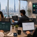 Modern Dubai office workspace with professionals using ChatGPT, Gemini, Claude, and Manus on laptops, tablets, and smartphones, with the Burj Khalifa skyline visible in the background, illustrating the rapid adoption of artificial intelligence technologies in Dubai businesses.