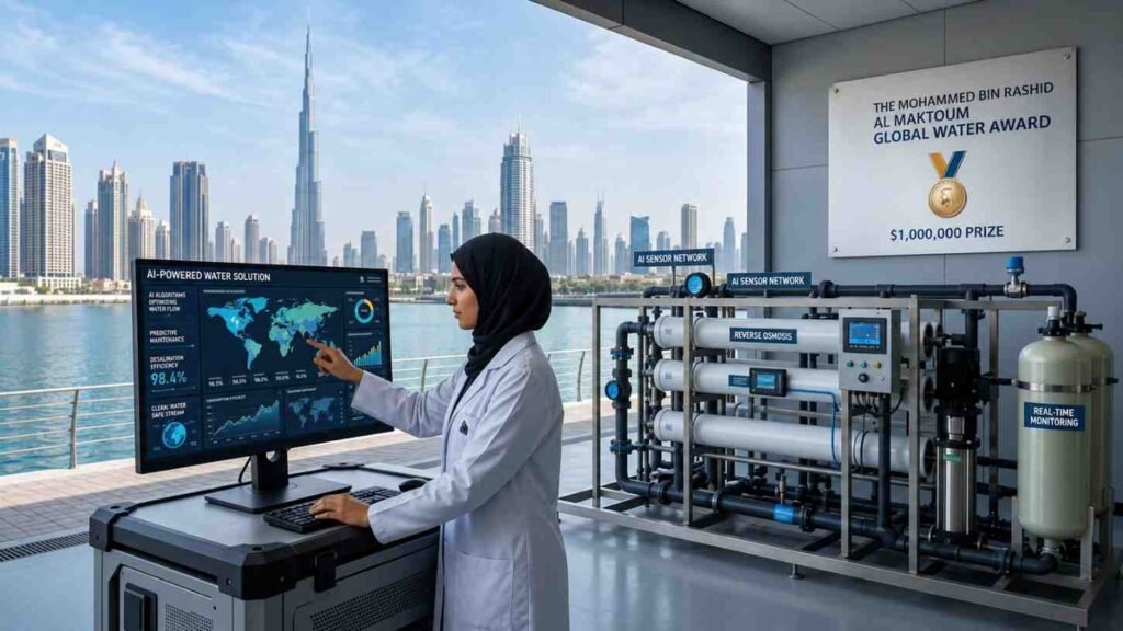 An engineer examining high-tech water desalination and filtration systems set against the iconic Dubai skyline.