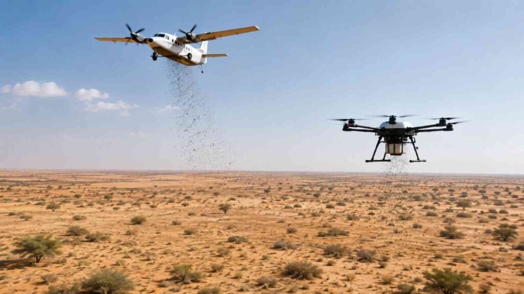 A fixed wing aircraft and a large drone disperse native seeds over an arid desert landscape in Abu Dhabi as part of an AI guided aerial restoration project. Sparse vegetation and sandy terrain stretch across the background under a clear sky.