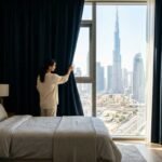Modern Dubai apartment bedroom featuring dark blue blackout curtains pulled back to reveal the sunny Burj Khalifa skyline.